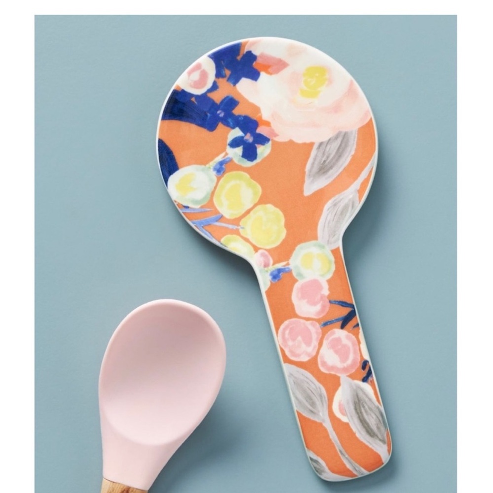 Anthropologie Floral Spoon Rest and Pink Spoon Set